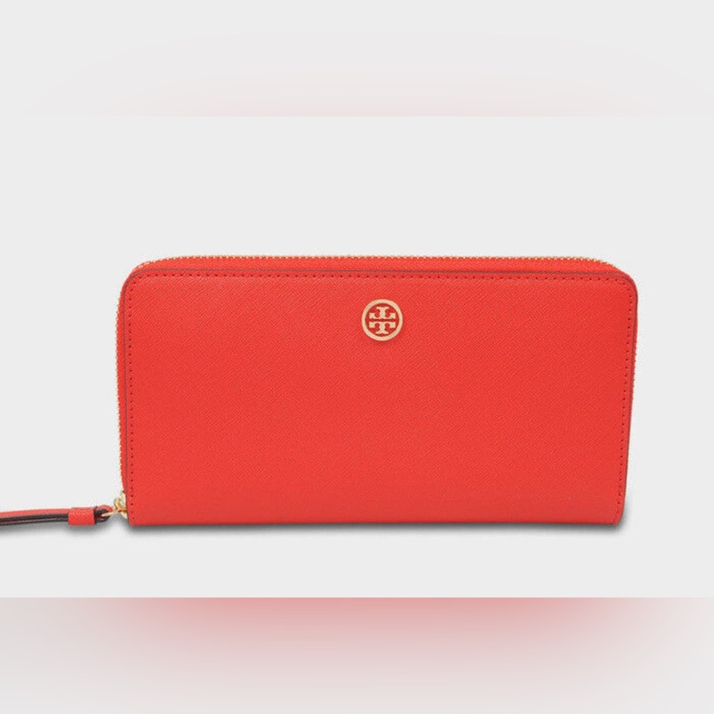 TORY BURCH ROBINSON POPPY ORANGE SAFFIANO LEATHER ZIP CONTINENTAL WALLET